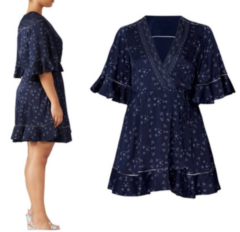 Jonathan Simkhai Navy Silk Floral Wrap Ruffle Dress Size 18
